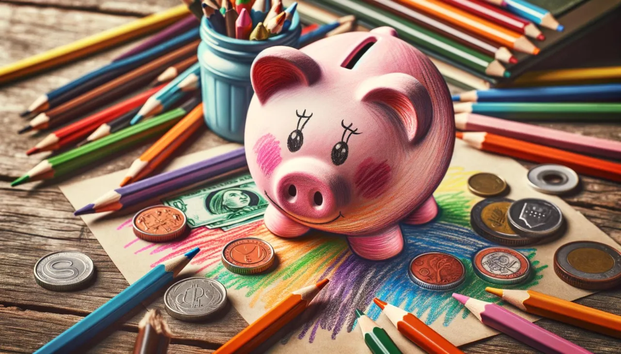 R&oacute;żowa świnka-skarbonka, monety i kolorowe kredki na drewnianym tle. Obrazek sugeruje, jak obliczyć kryterium dochodowe do funduszu alimentacyjnego.