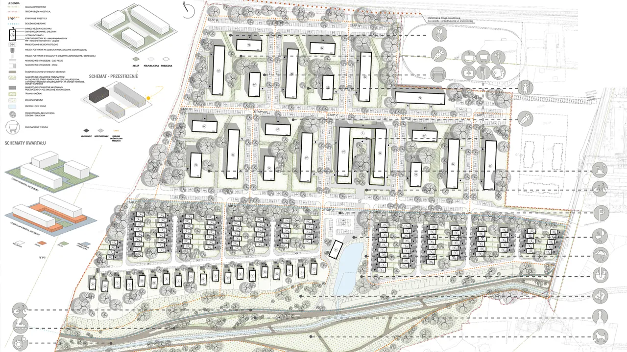 Przykładowy plan urbanistyczny osiedla mieszkaniowego z widocznym układem budynk&oacute;w i dr&oacute;g