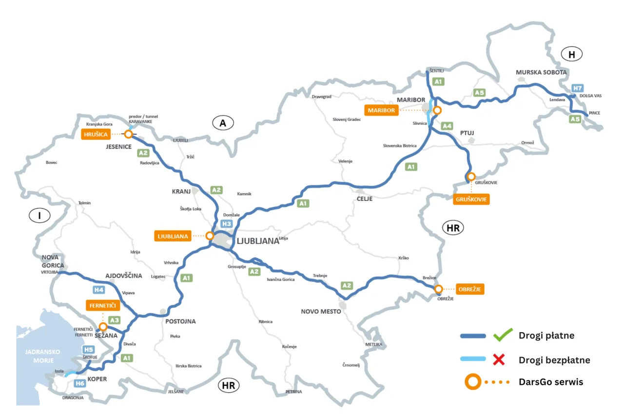 Mapa autostrad w Europie, pokazująca drogi płatne (niebieskie linie) i bezpłatne (jasnoniebieskie linie), z zaznaczonymi miastami i serwisami DarsGo (pomarańczowe k&oacute;łka).
