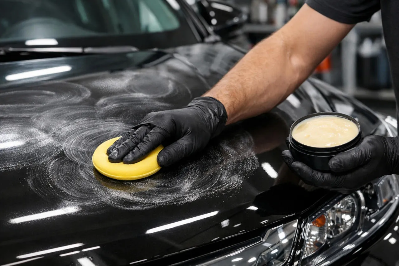 Nakładanie wosku do samochodu na czarną maskę za pomocą żółtej gąbki.