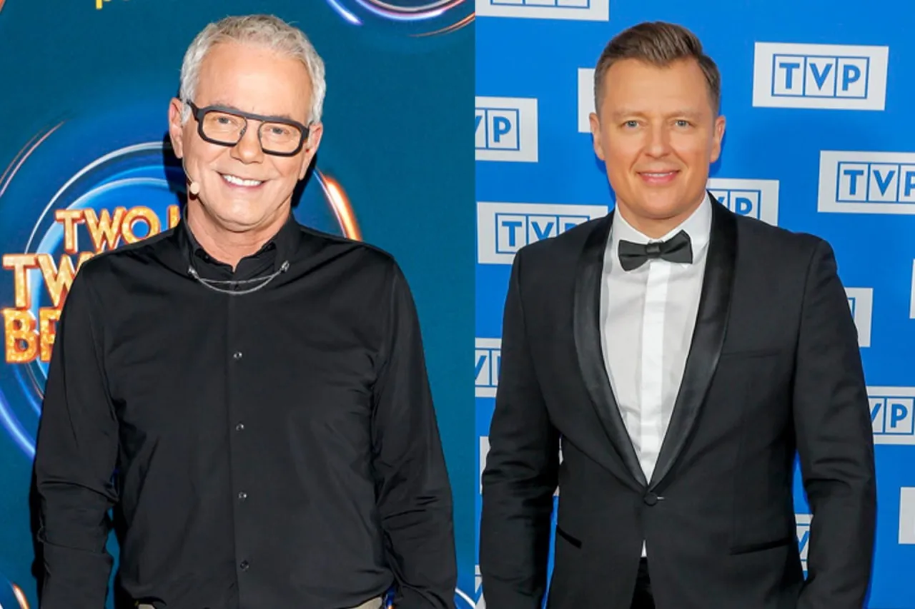 Rafał Brzozowski w czarnej koszuli i w garniturze, prowadzący program 