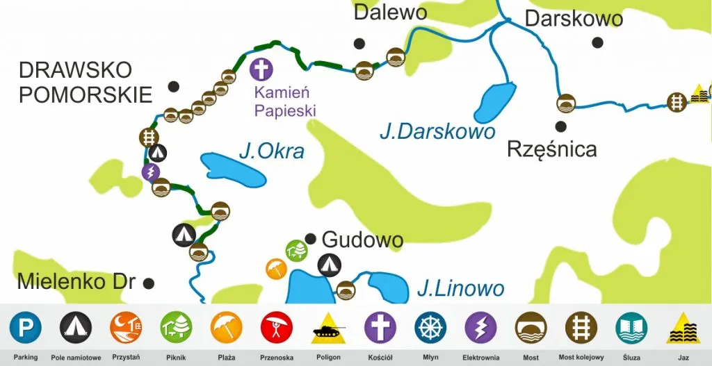 Przykładowa mapa kajakowa z oznaczeniami trudności i POI