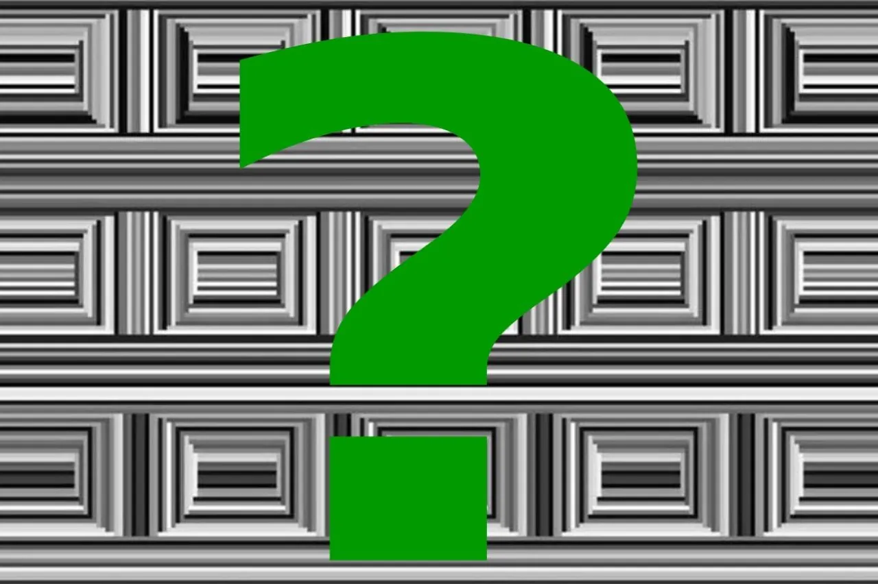 Zielony znak zapytania i kwadrat na tle iluzji optycznej. Czy to zagadka brakującego kwadratu?