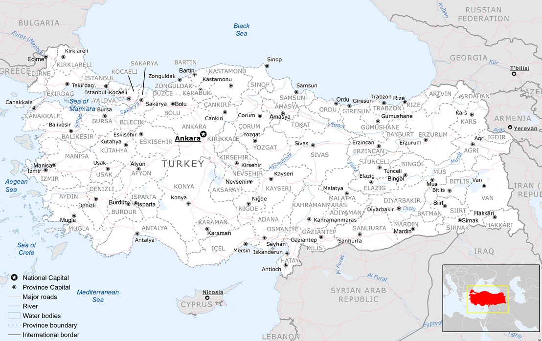 Mapa Riwiery Tureckiej z zaznaczonym Morzem Śródziemnym i Egejskim