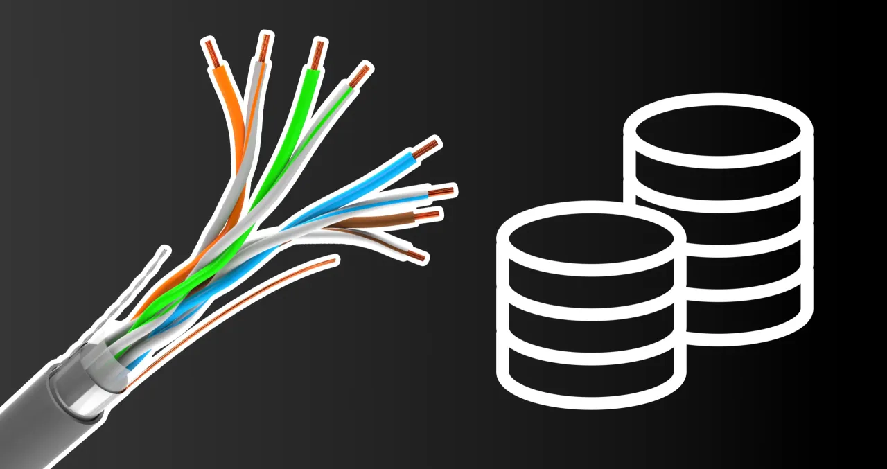 Rozplątany kabel ethernet obok symboli baz danych. Czy kabel ethernet ma znaczenie dla wydajności sieci?