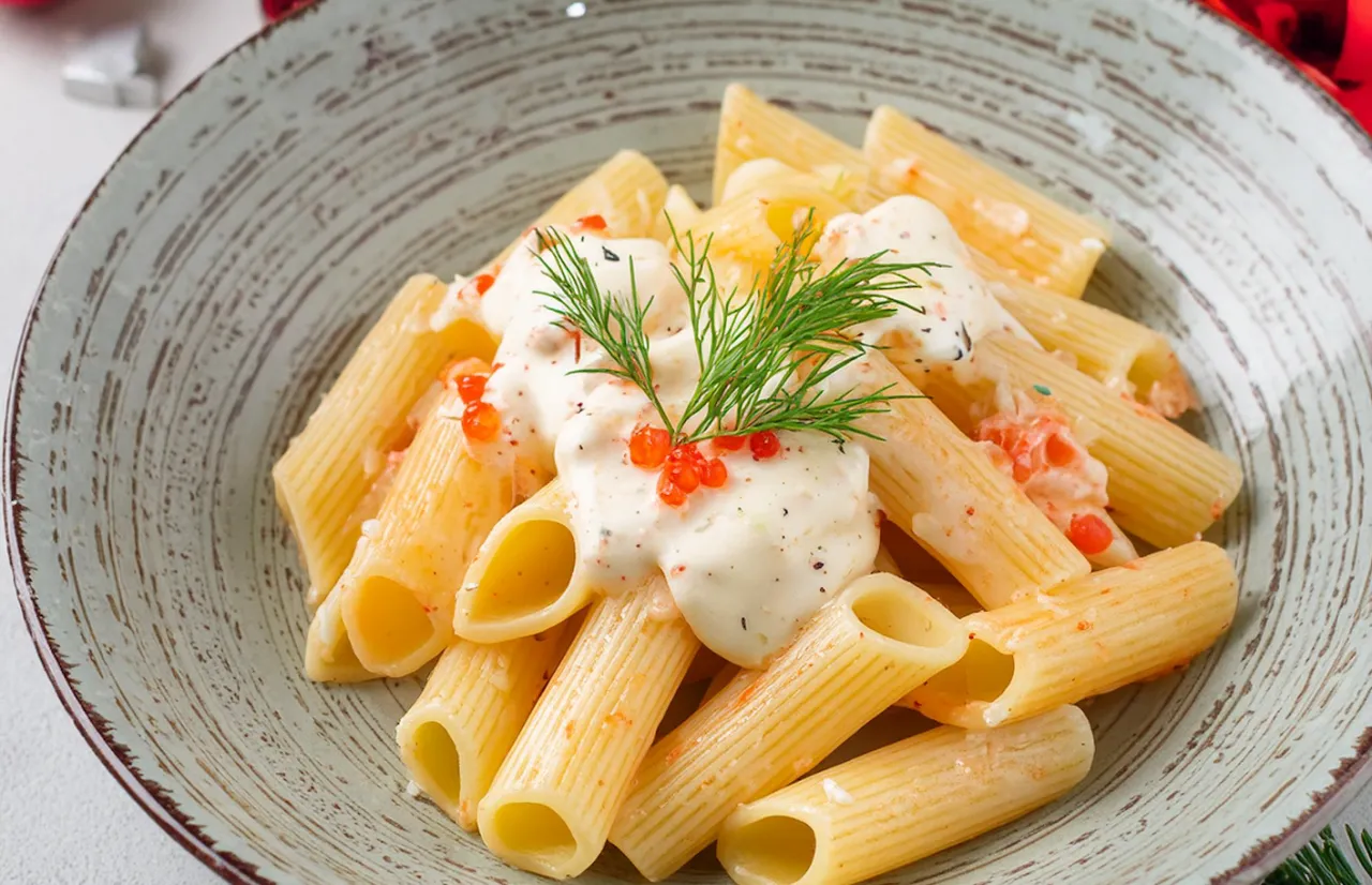 plato de pasta con salmón y eneldo