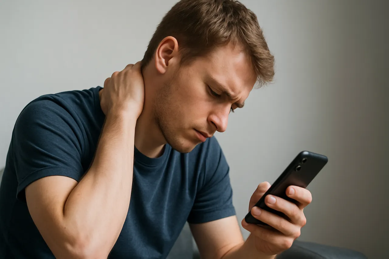 Osoba ze smartfonem z pochyloną głową, ból karku