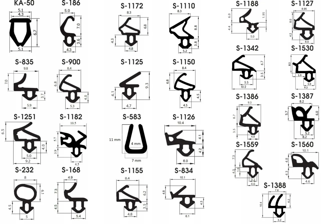 Różnorodne profile uszczelek do drzwi balkonowych, z wymiarami podanymi w milimetrach, ułatwiają wybór idealnego rozwiązania.