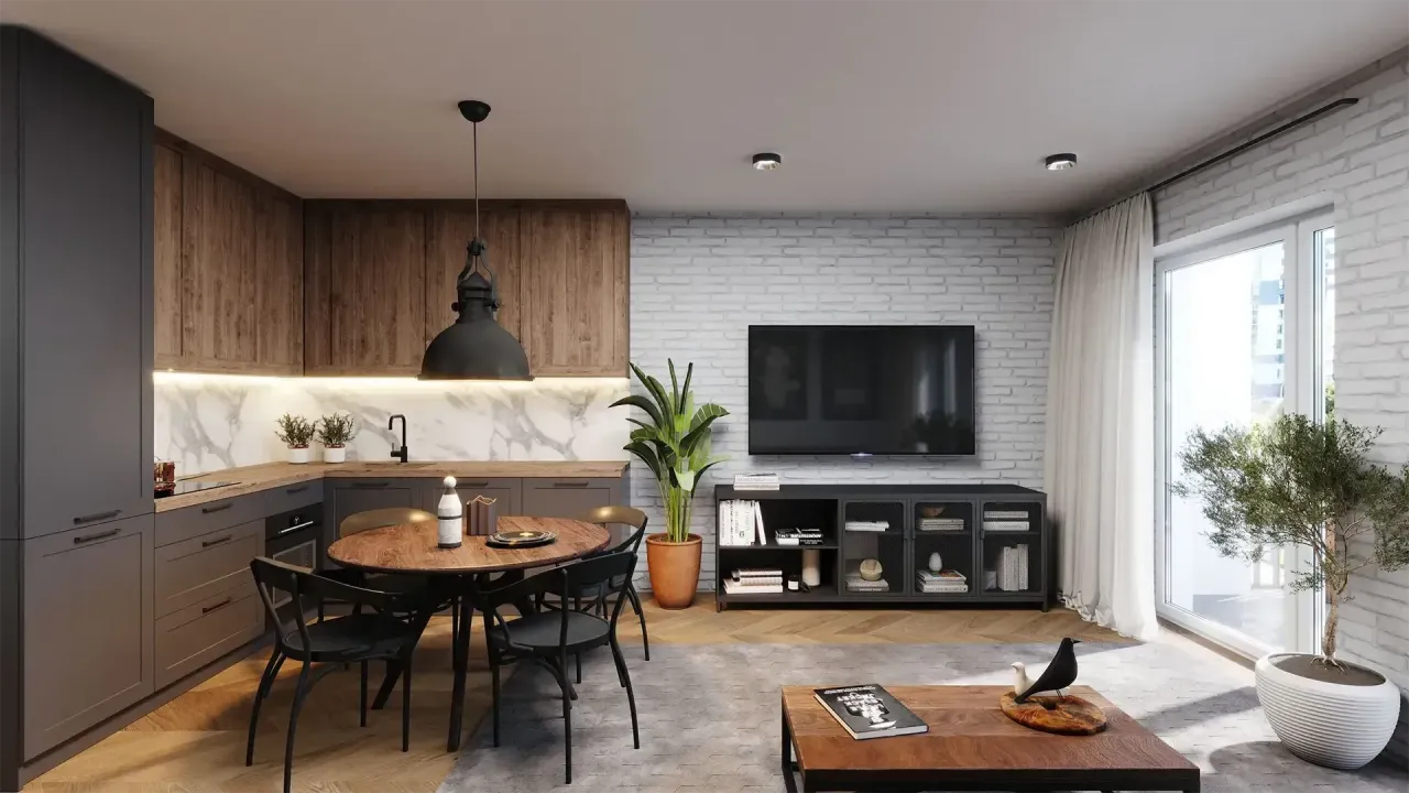 Modna kuchnia z ciemnymi meblami i kolorowymi ścianami