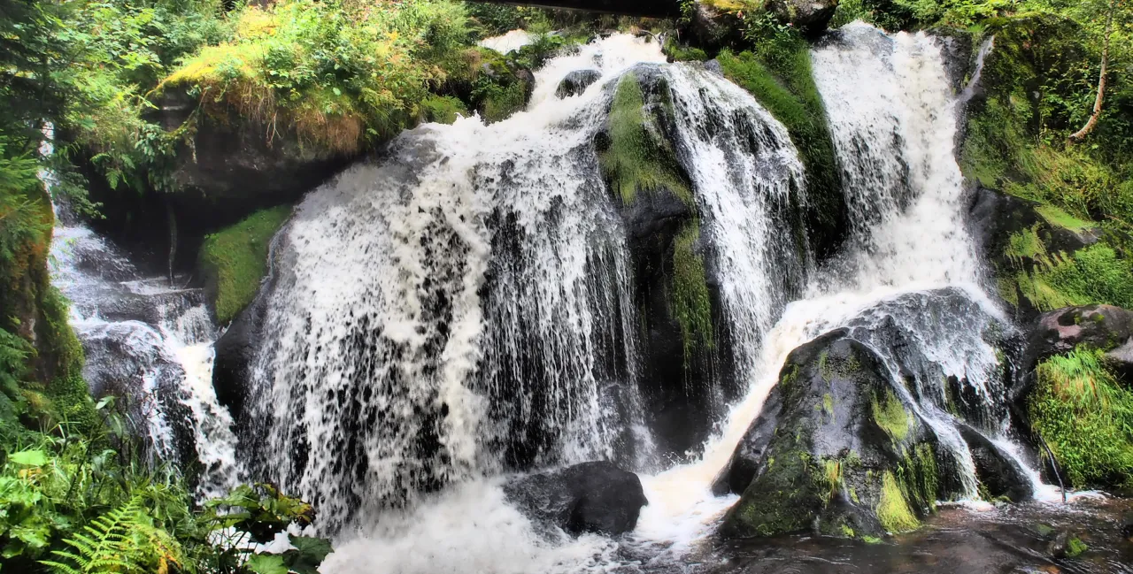 Wodospad Triberg w Schwarzwaldzie, jedno z najpiękniejszych miejsc w regionie, gdzie woda spływa kaskadami po omszałych skałach.