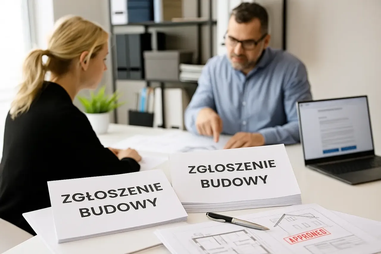 Para omówić, czy potrzebne jest pozwolenie na budowę, przegląda dokumenty 