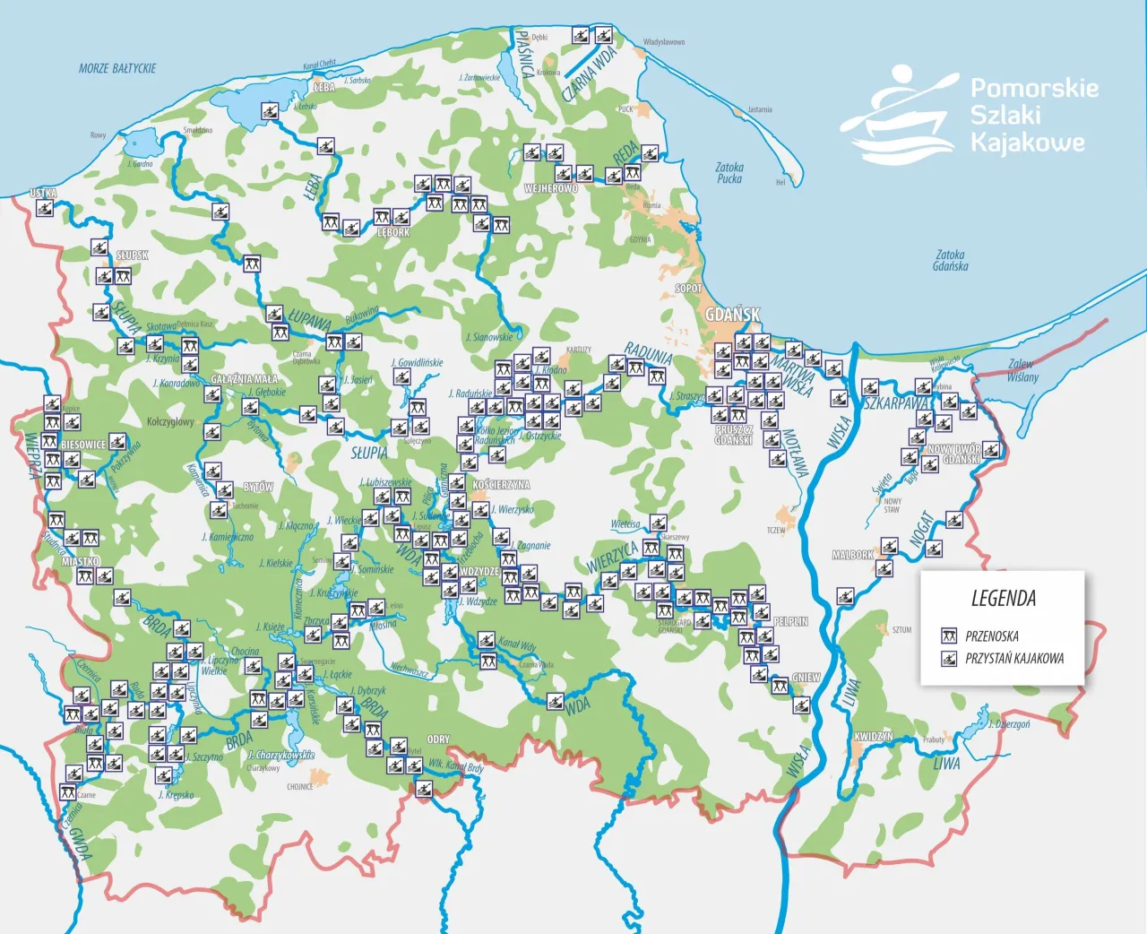 Mapa spływów kajakowych Pomorskie