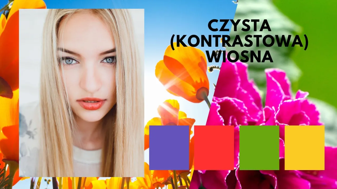 Kobieta o jasnych włosach i niebieskich oczach na tle kwitnących kwiat&oacute;w. Tekst 