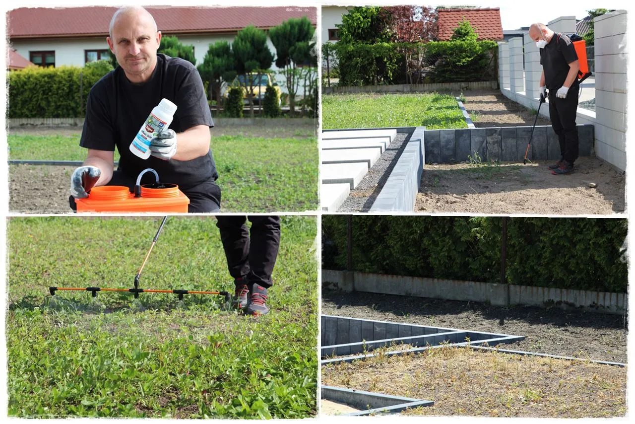 Mężczyzna przygotowuje opryskiwacz, by pokazać, jak wyr&oacute;wnać ziemię w ogrodzie. Widać też prace w ogrodzie i opryskiwanie trawnika.