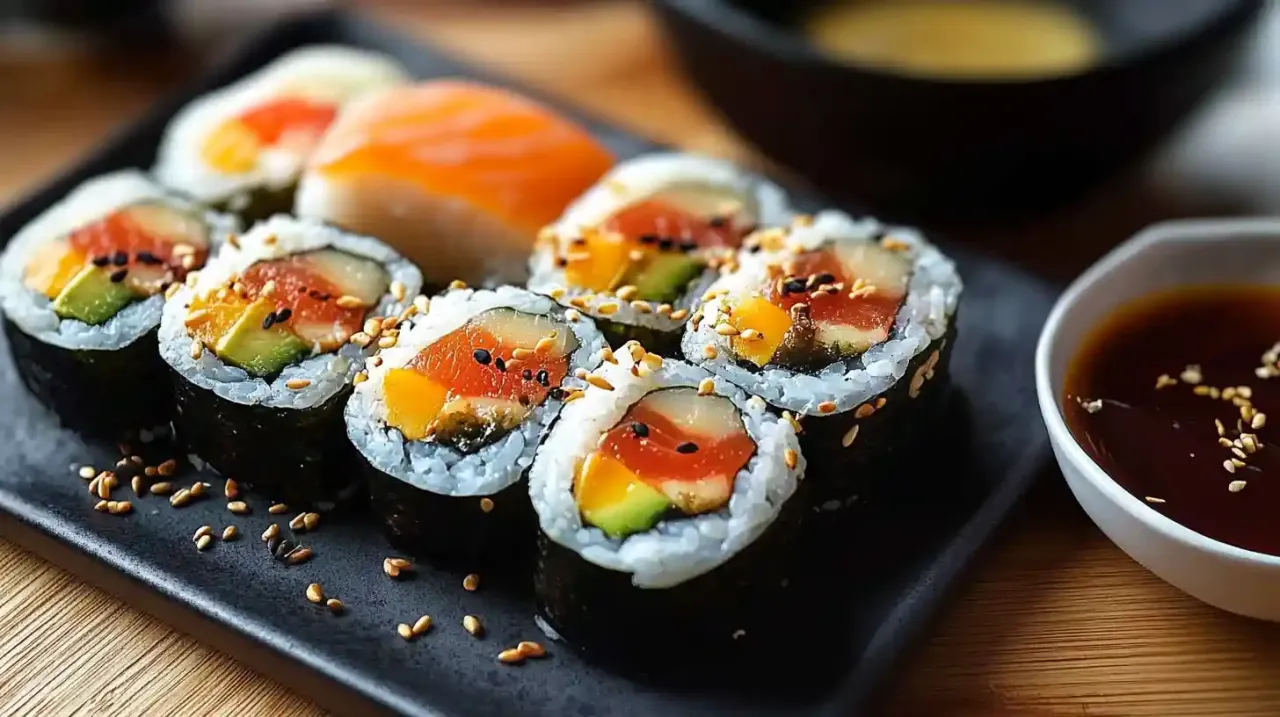 Pyszne rolki sushi z łososiem i awokado, posypane sezamem. Idealne do zwijania sushi na obiad.