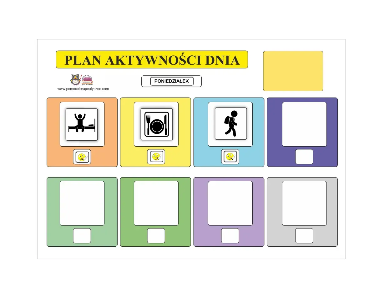 spokojna sala lekcyjna z piktogramami plan dnia