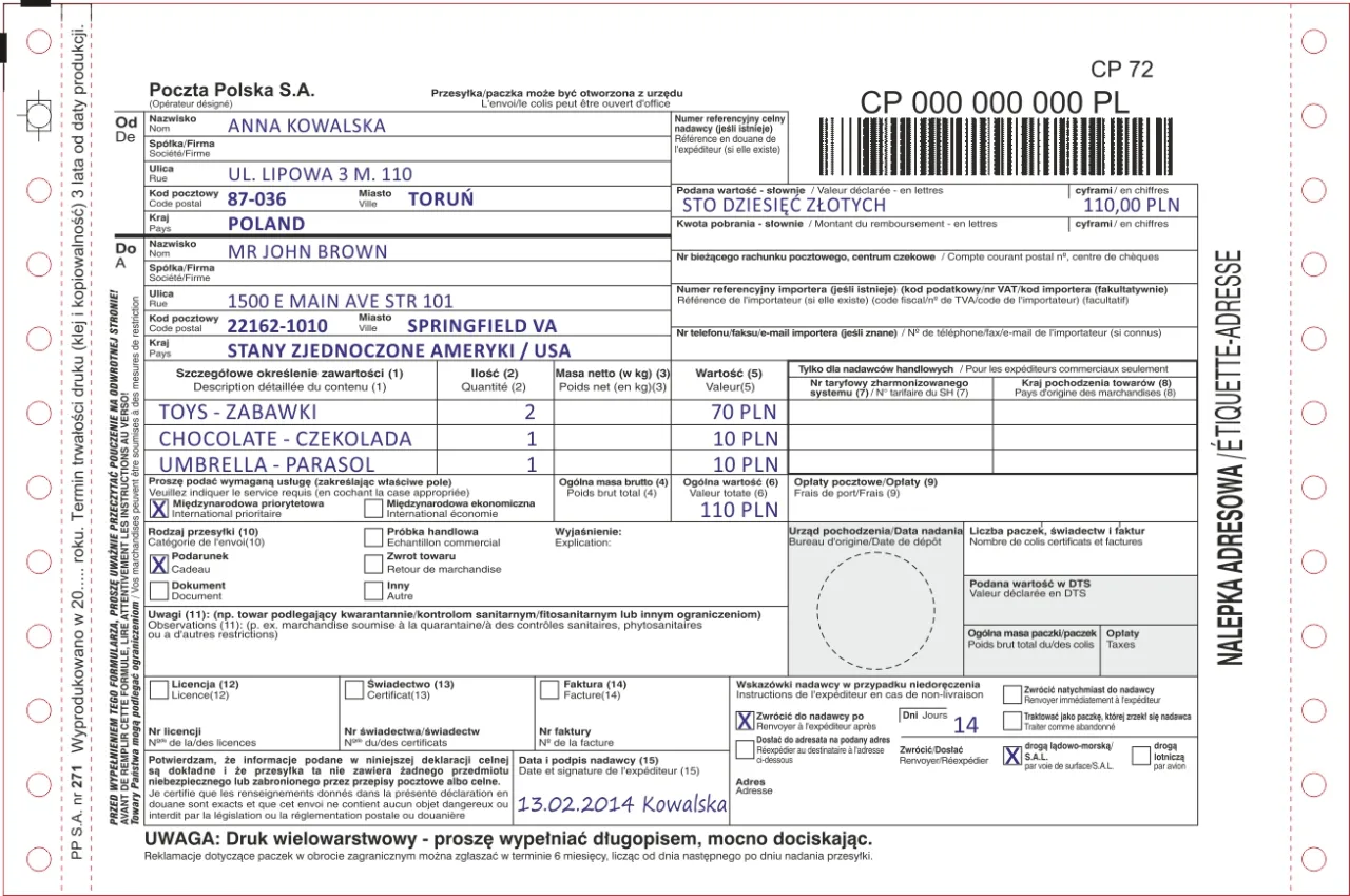 Paczka międzynarodowa i koperta z adresem