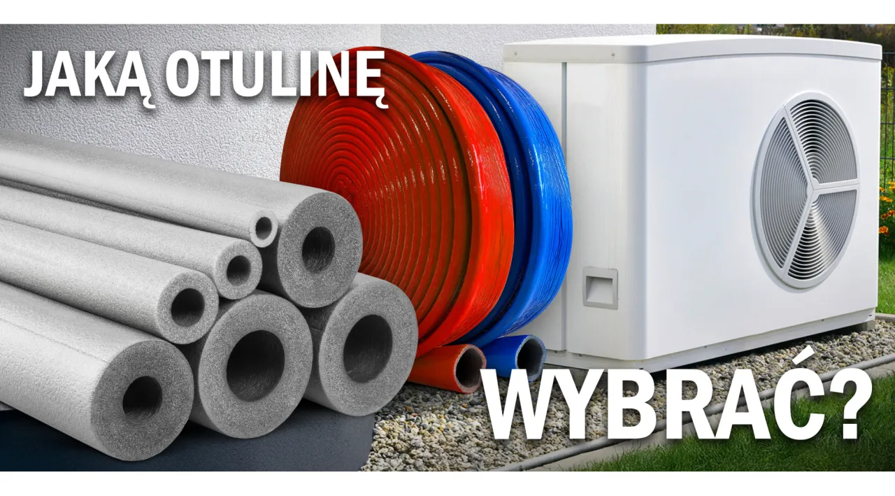 Szare pianki do ocieplania rur i zwinięte czerwone i niebieskie przewody obok pompy ciepła.