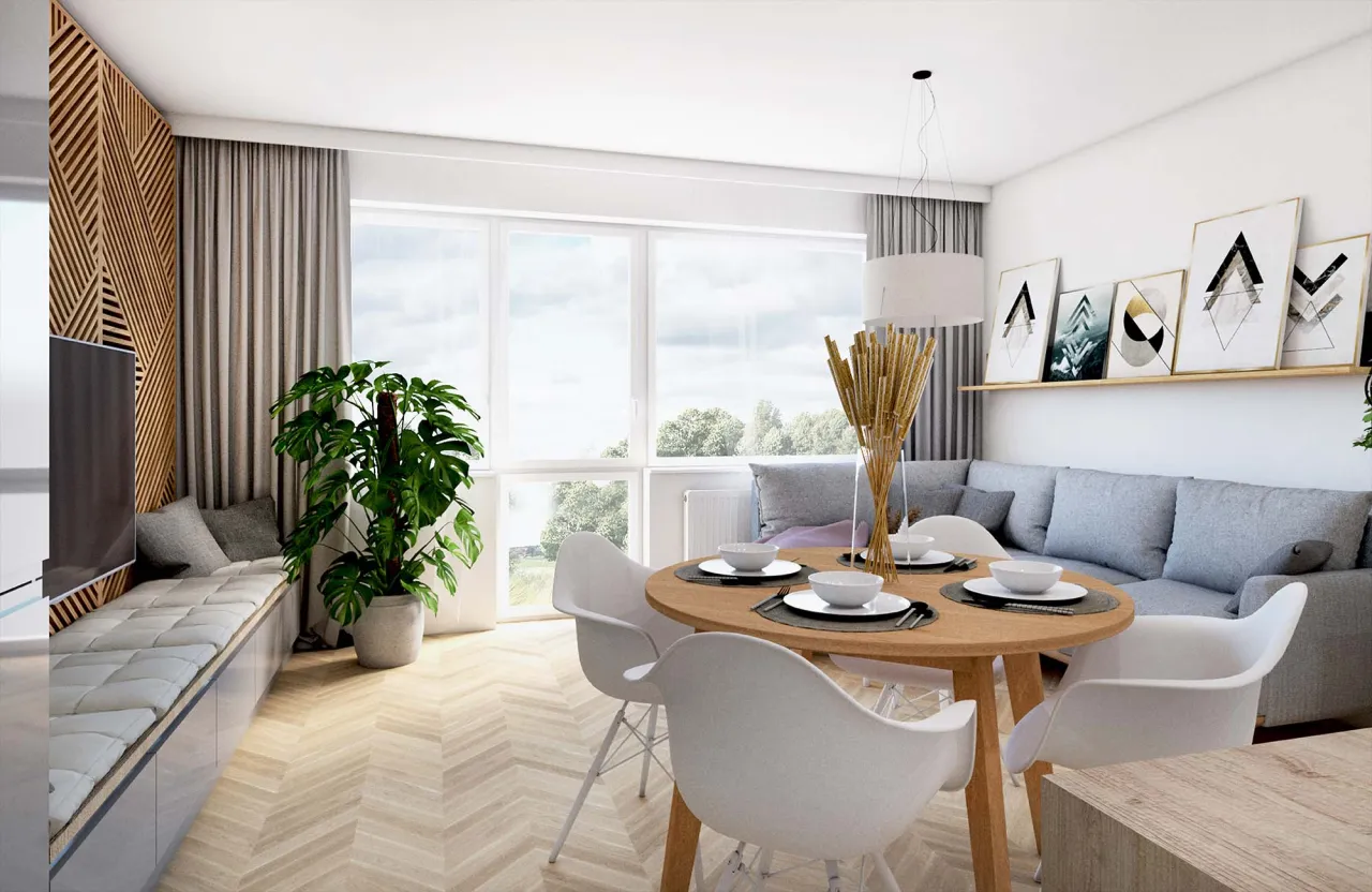 Salon z aneksem kuchennym i jadalnią