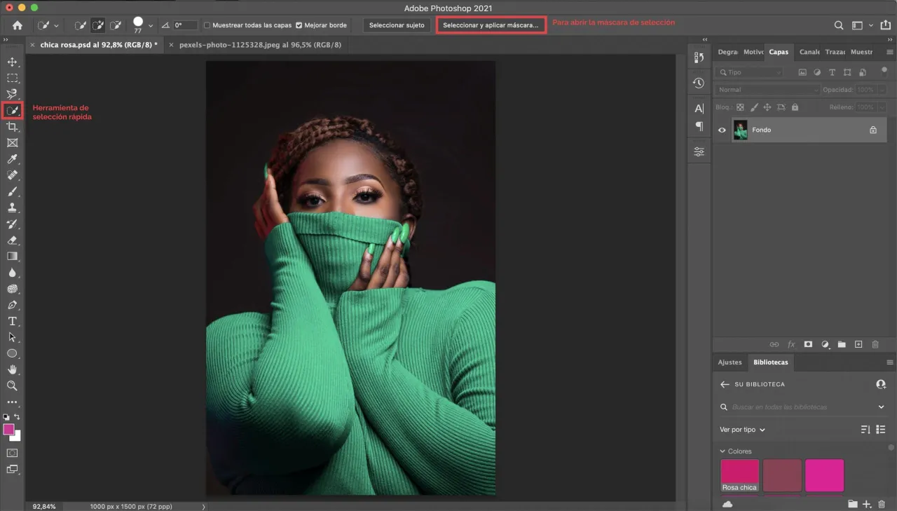 Jak zmienić kolor ubrania w Photoshopie: zaznacz obiekt, wybierz maskę, a następnie kolor.
