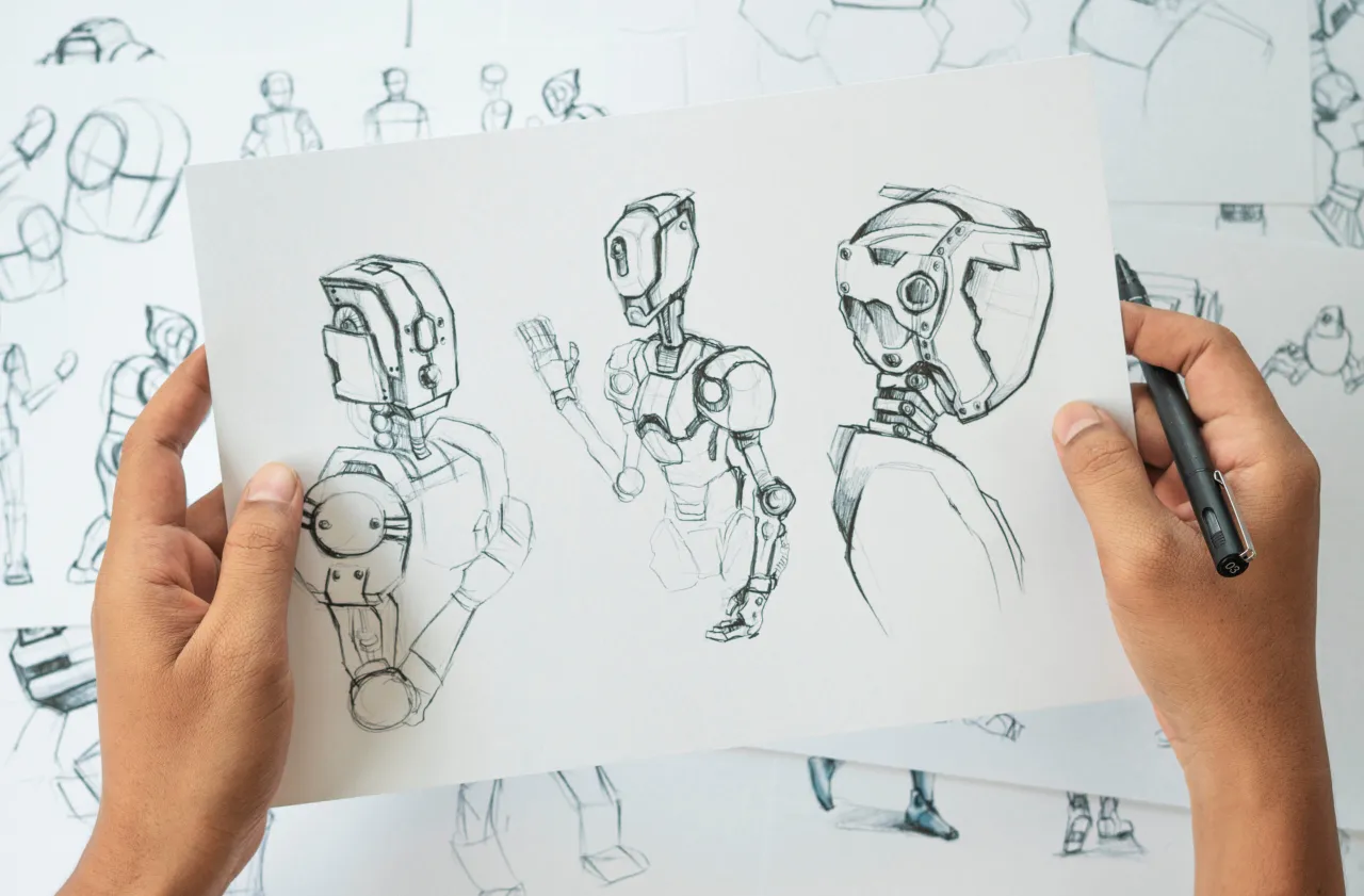 Rysunki robot&oacute;w na papierze, szkice postaci, kt&oacute;re mogą posłużyć do nauki, jak narysować komiks.