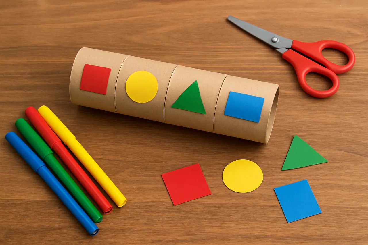 Jak zrobić zabawki sensoryczne: rolka po papierze, kolorowe kształty, flamastry i nożyczki na drewnianym stole.