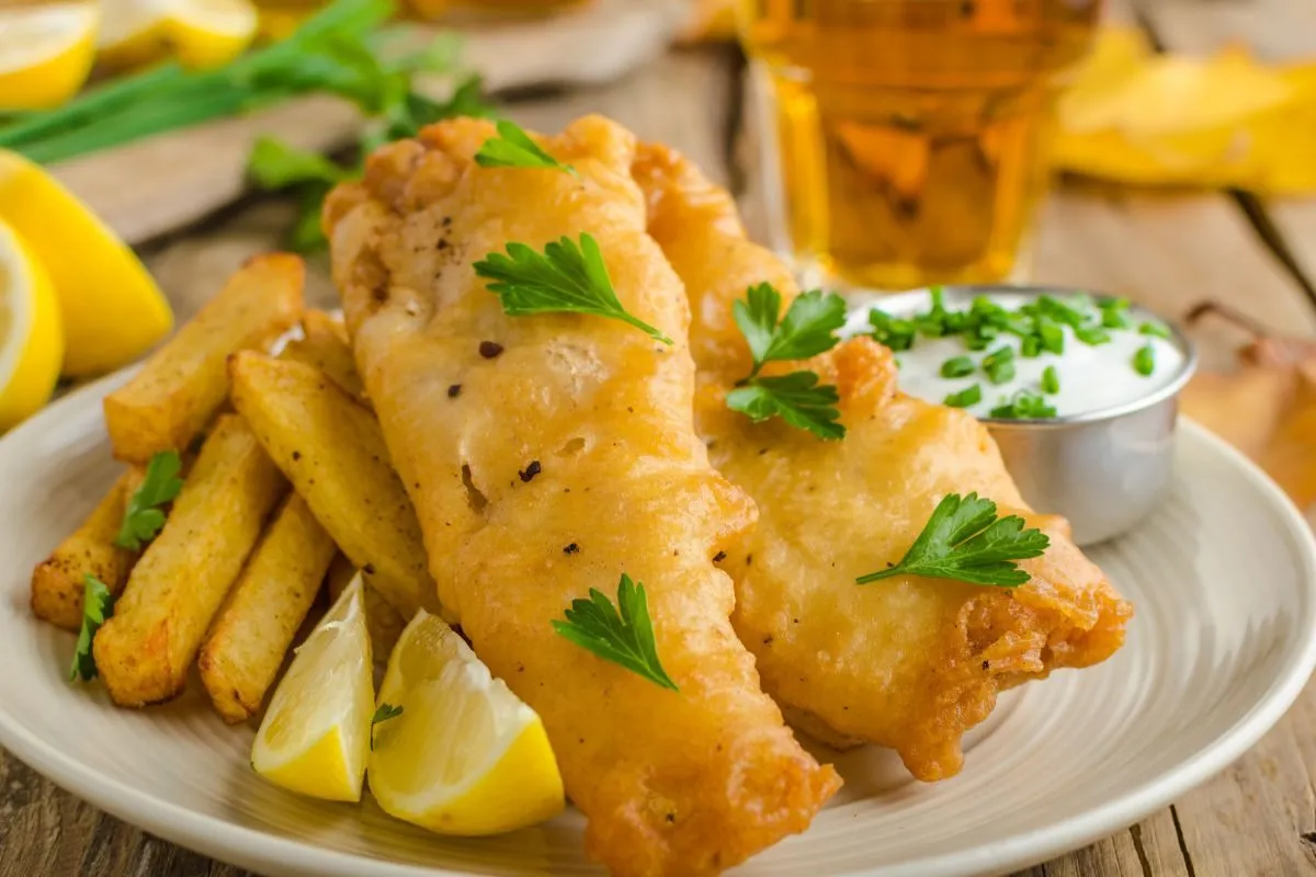 Chrupiące ryby w cieście, frytki i sos tatarski – idealne danie, które pokazuje, jak zrobić ciasto na ryby.