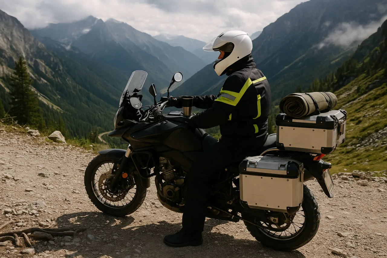 motocyklista ekwipunek na wyprawę w g&oacute;ry