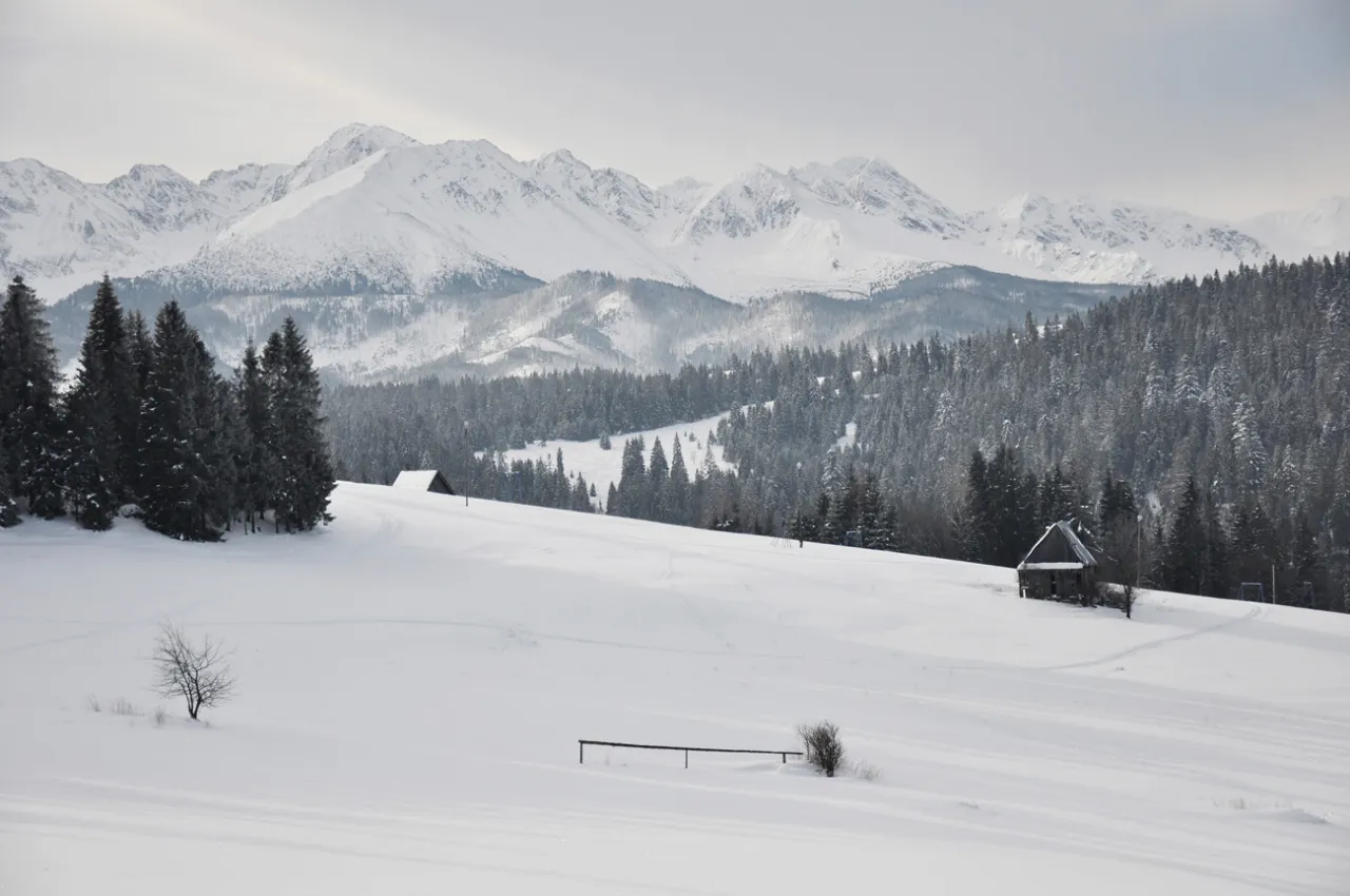 Polana Głodówka widok na Tatry zimą