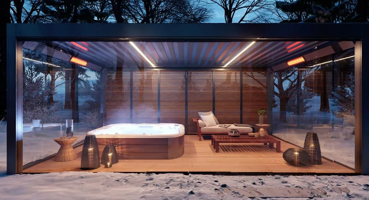 Aranżacja ogrodu z jacuzzi, zadaszenie spa, oświetlenie ogrodowe