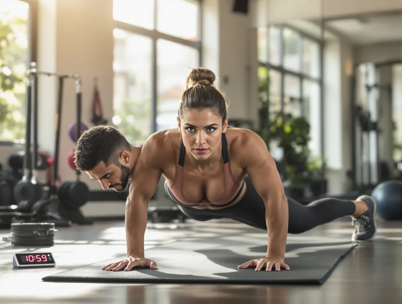 Para ćwiczy w desce. Ile razy dziennie robić to ćwiczenie? Zegar pokazuje 10:59.