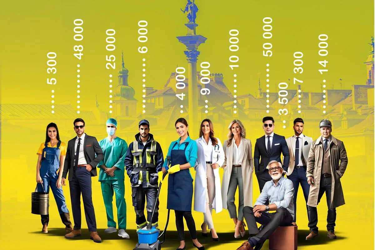 Różne zawody w Warszawie i ich zarobki: sprzątaczka 5300, pracownik korporacji 48000, lekarz 25000, budowlaniec 6000, pracownik budowy 4000, recepcjonistka 9000, dyrektor 50000, pracownik fizyczny 3500, inżynier 7300, kierownik 14000.