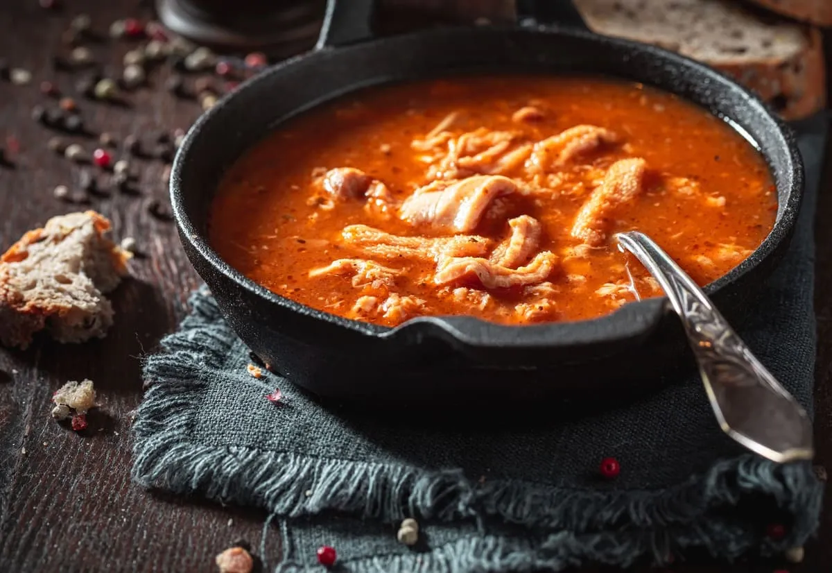 Gorące flaczki w kociołku, idealne z chlebem. Zastanawiasz się, jakie przyprawy do flaczków? Tu widać pieprz i inne aromaty.