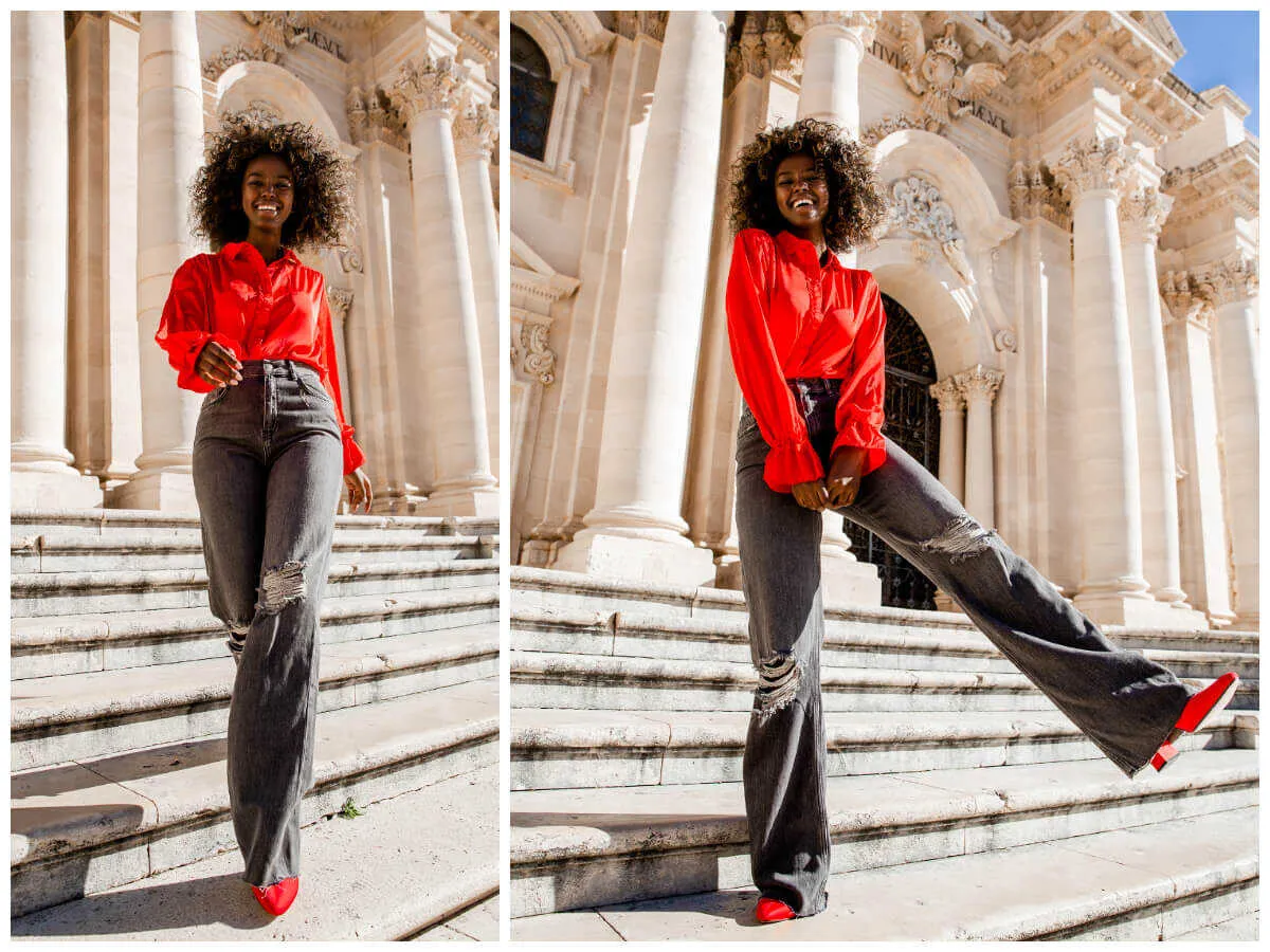 Stylizacje z czerwoną bluzą i jeansami