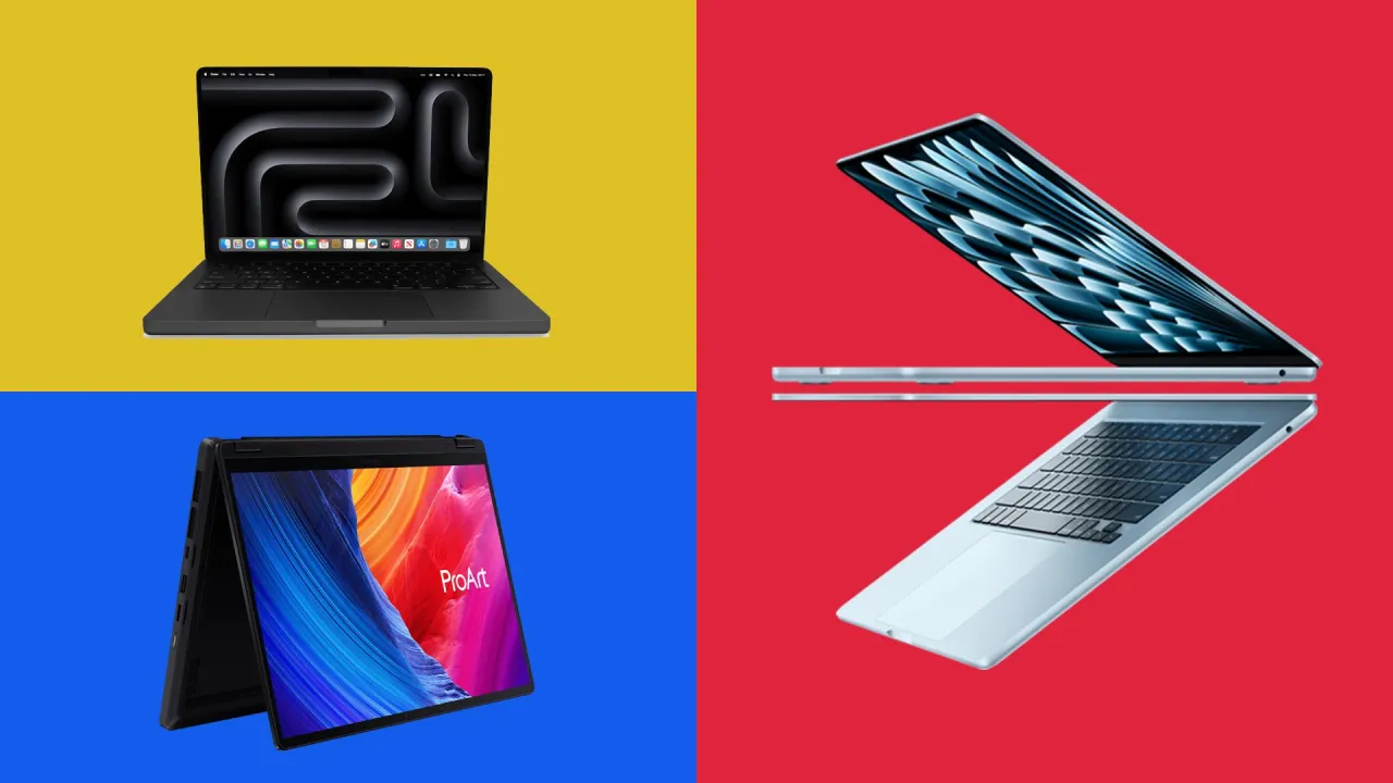 Szukasz idealny laptop do Photoshop? Zobacz te modele: czarny MacBook, srebrny MacBook i czarny laptop 2w1 z ekranem ProArt.