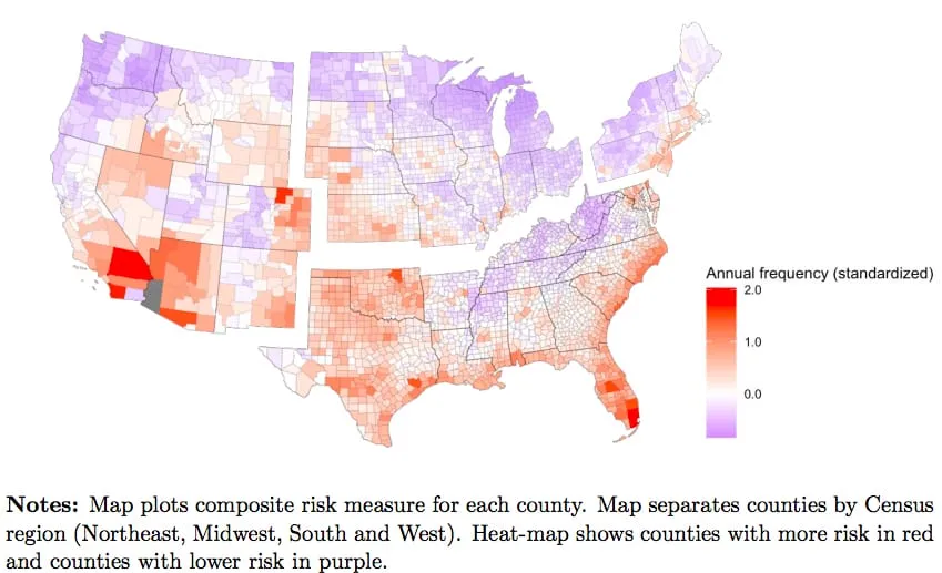 Mapa zagrożeń naturalnych w USA (huragany, tornada, pożary)