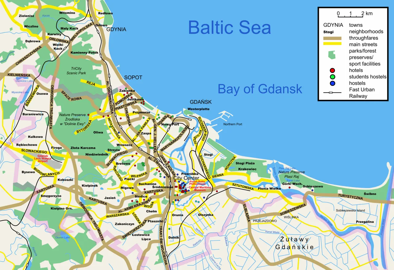 Mapa Gdańska z zaznaczonymi dzielnicami nadmorskimi i Gł&oacute;wnym Miastem