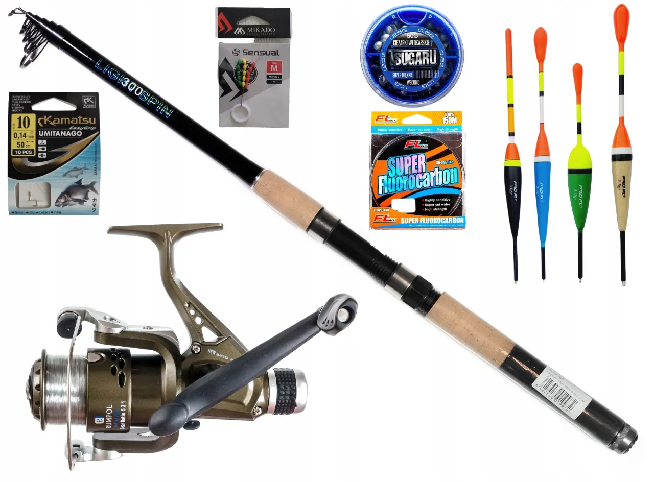 Wędka, kołowrotek, żyłka, spławiki i haczyk na grunt – kompletny zestaw dla każdego wędkarza.