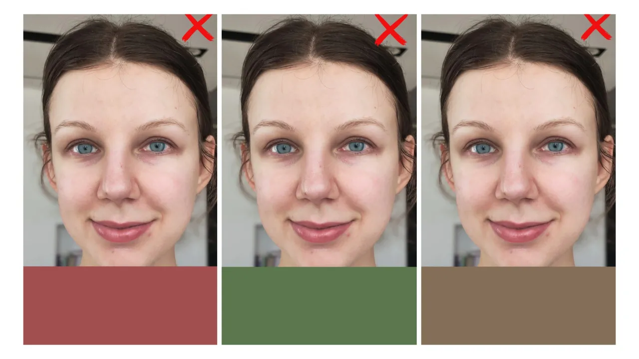 Trzy ujęcia twarzy z czerwonymi krzyżykami. Pokazują, jak dobrać kolory do typu urody lato.