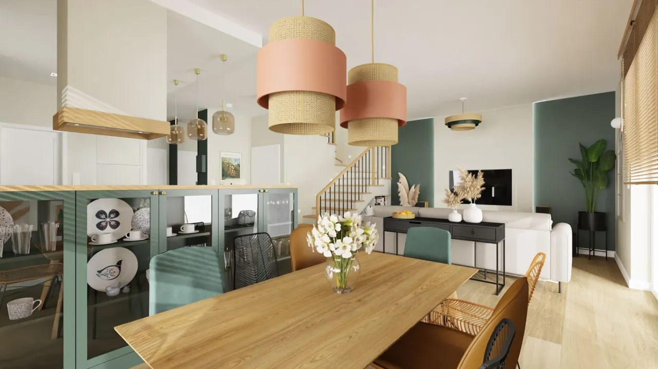 Zielona ściana jadalnia, półki nad stołem, dekoracyjne talerze ścienne