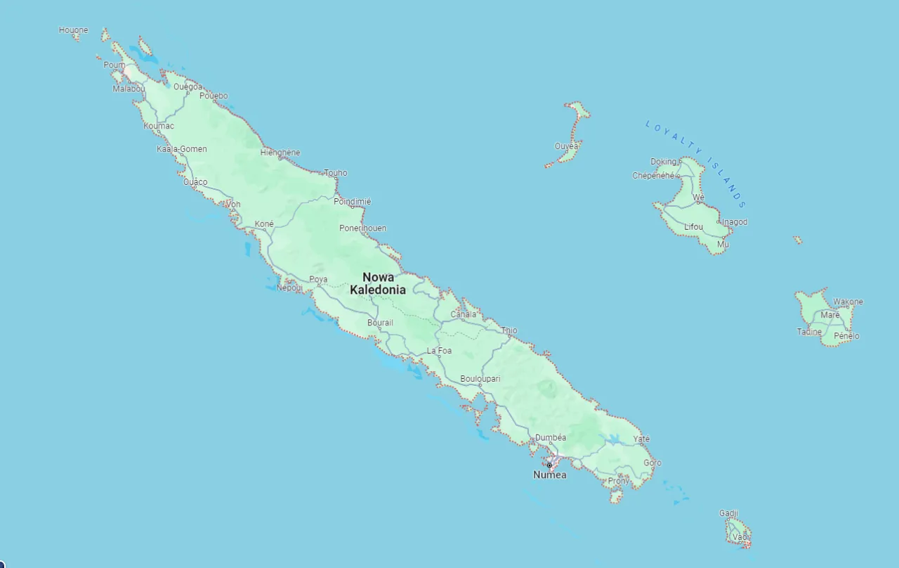Mapa Nowej Kaledonii na Pacyfiku z zaznaczonymi głównymi wyspami