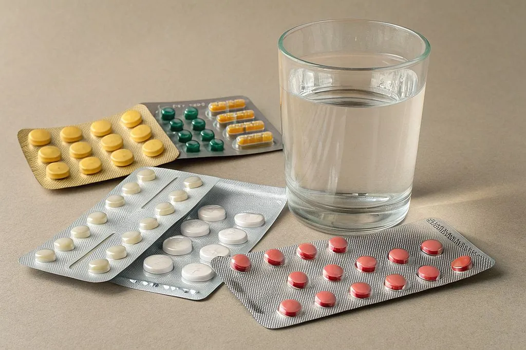 grafika przedstawiająca tabletki antybiotyku i kieliszek alkoholu z przekreśleniem