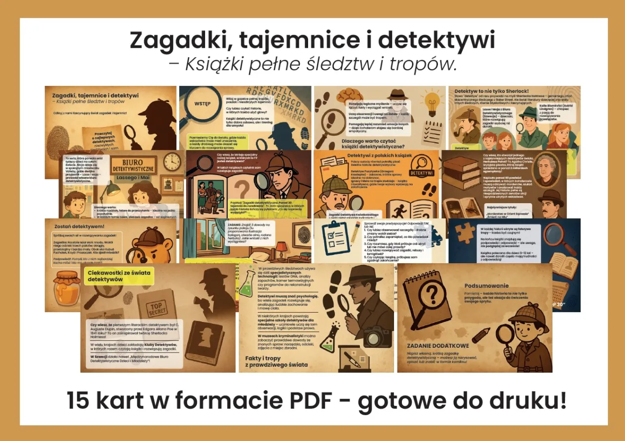 Zestaw 15 kart PDF: zagadka o bibliotece, detektywi, tajemnice i tropy. Idealne do druku!