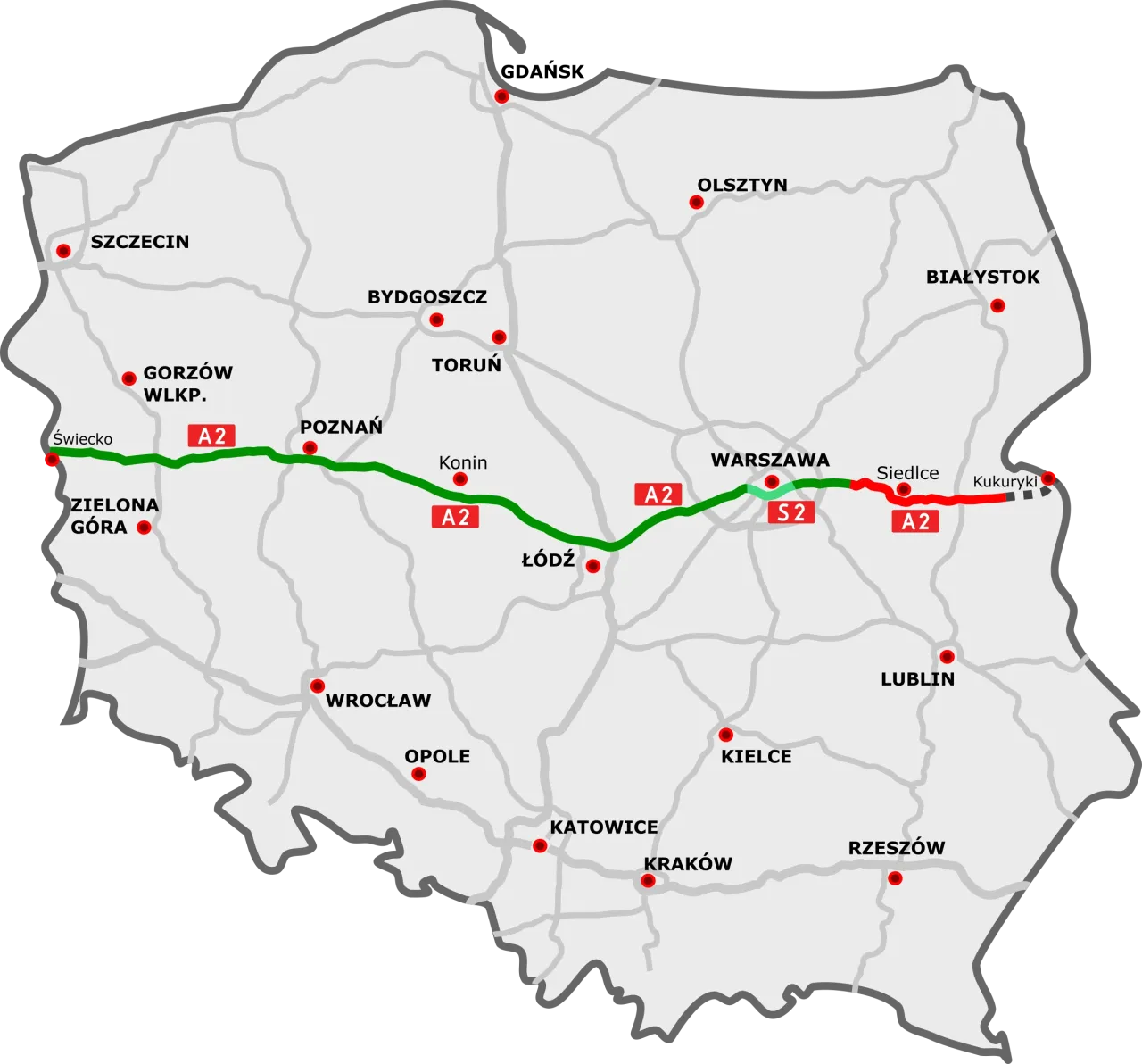 Mapa autostrady A2 odcinki płatne i darmowe