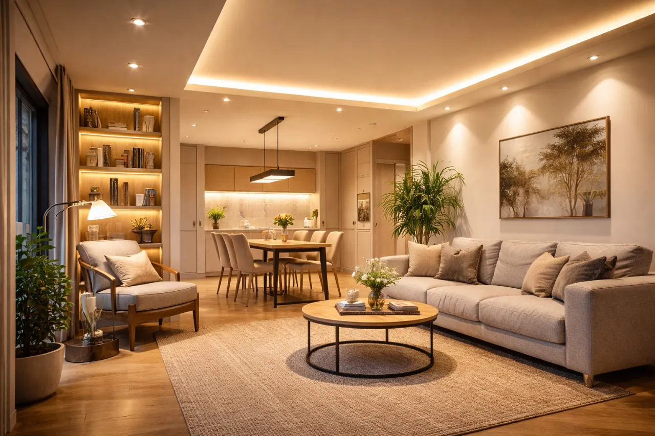 Nowoczesny salon z jadalnią, gdzie dyskretne oświetlenie sufitowe i kinkiety tworzą przytulną atmosferę, idealnie podkreślając obraz na ścianie.