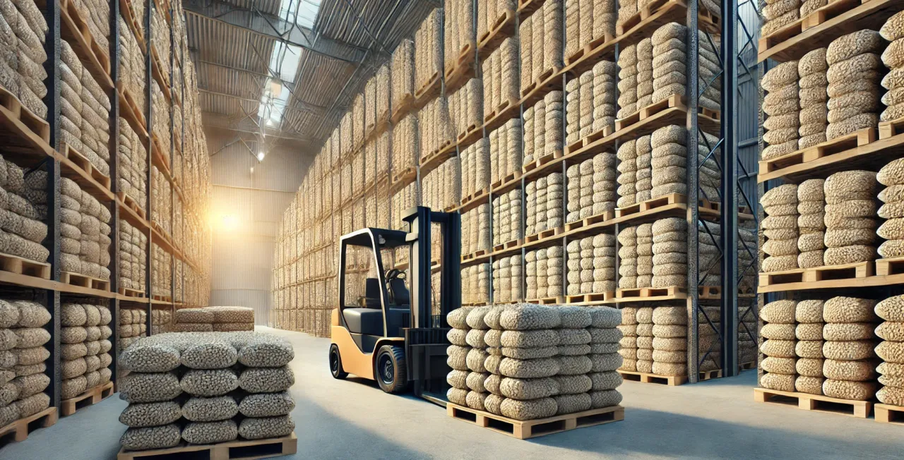 Ogromny magazyn pełen worków z pelletem. Wózek widłowy gotowy do pracy, by pomóc w znalezieniu miejsca, gdzie kupić pellet w niedzielę.