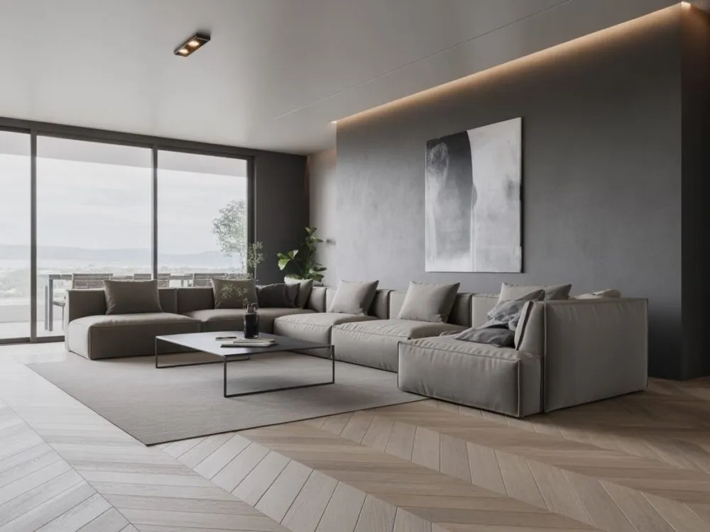 tekstury w szarym salonie, naturalne materiały wnętrza