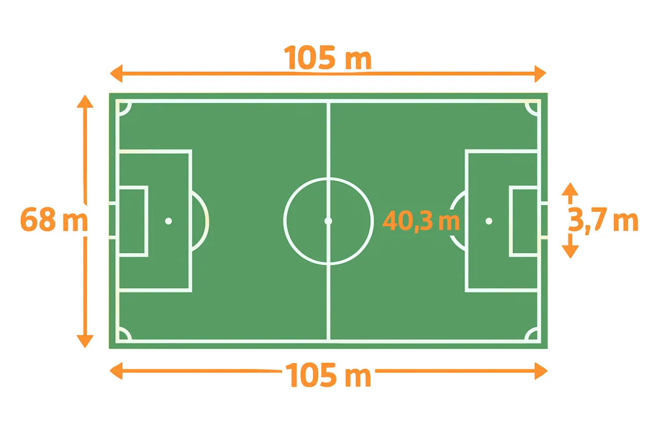 Schemat boiska piłkarskiego z wymiarami: 105 m długości, 68 m szerokości, 40,3 m odległość od środka do bramki, 3,7 m odległość od linii bocznej do pola karnego. To pomoże Ci zrozumieć, jak narysować boisko do piłki nożnej.