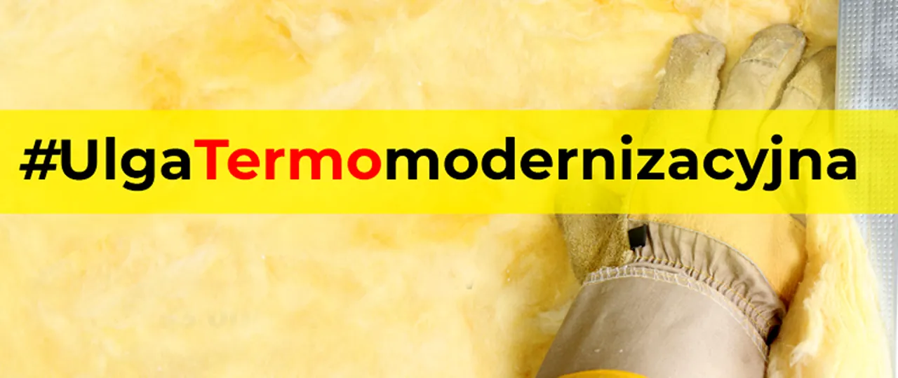 Rękawica budowlana w ż&oacute;łtej wełnie mineralnej. #UlgaTermomodernizacyjna to czyste powietrze, PIT-37 i oszczędności.