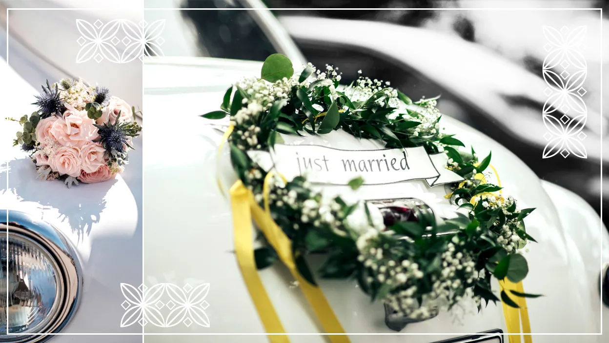 Inspiracje dekoracje auta ślubnego r&oacute;żne style